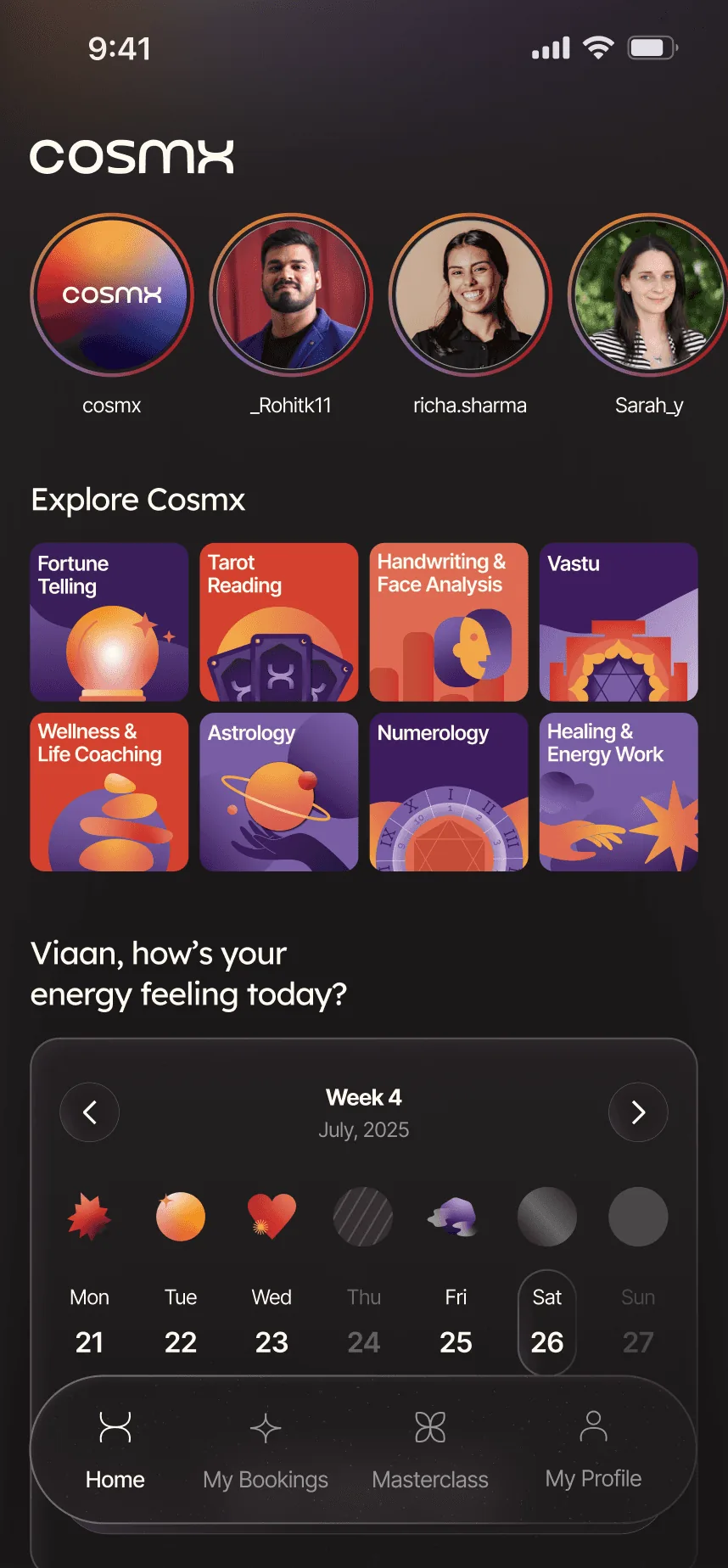 The Cosmx app home screen